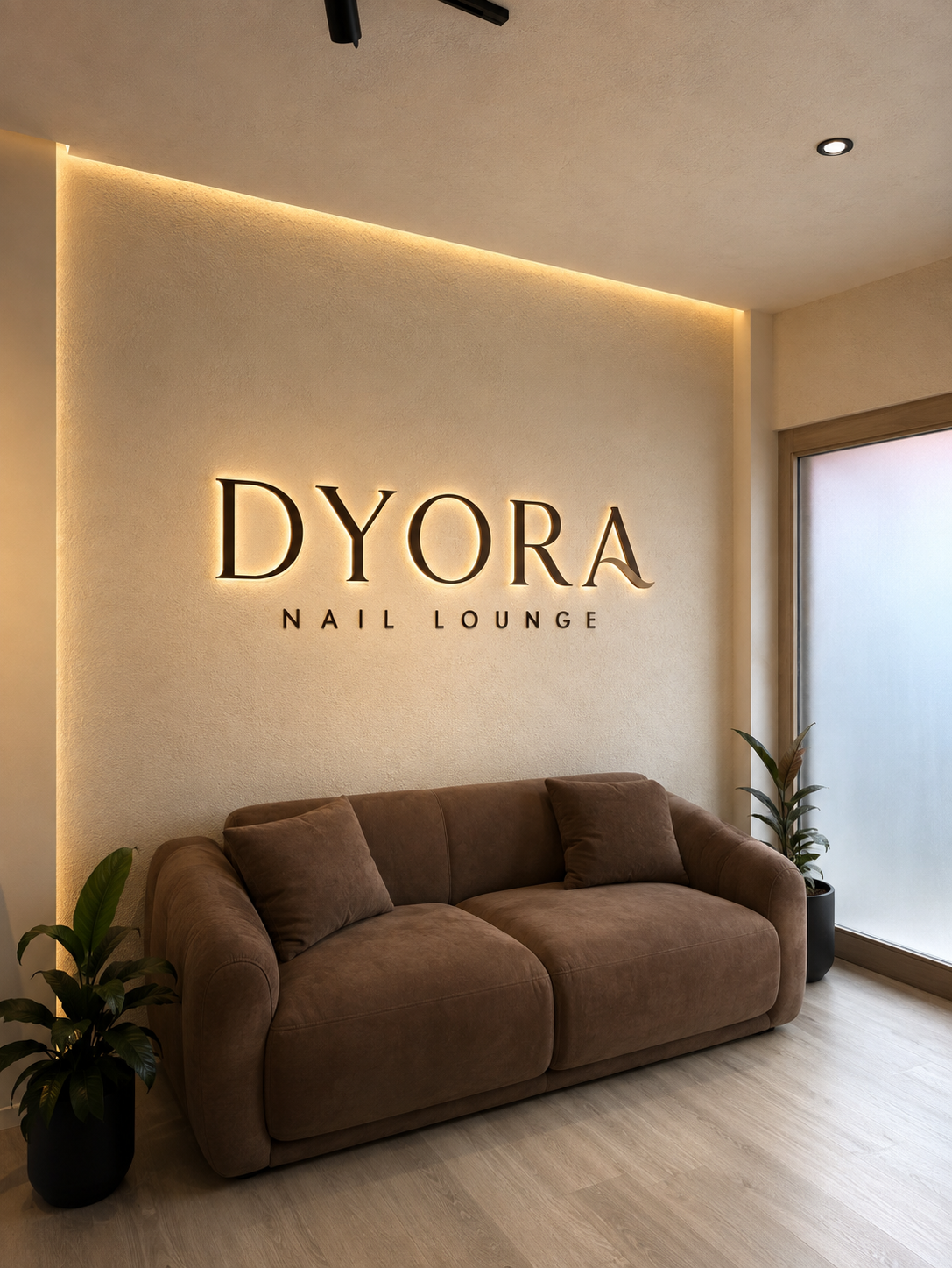 Warm, minimal DYORA Nail Lounge interior with a chocolate-brown sofa, green plants and soft ambient lighting