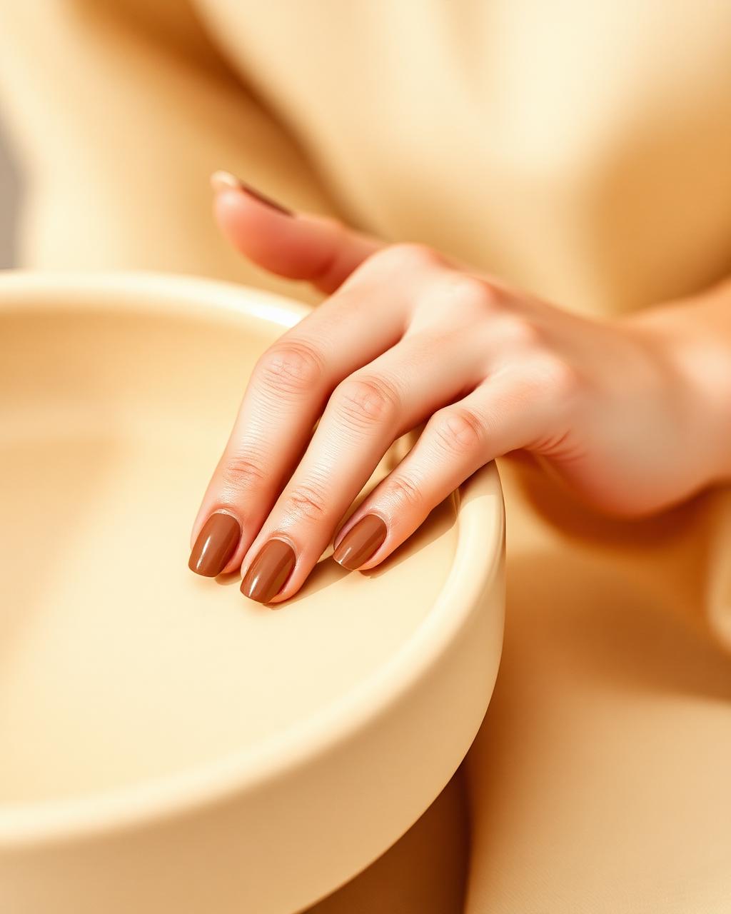 Elegant hand with a neutral mocha manicure resting on a cream ceramic surface